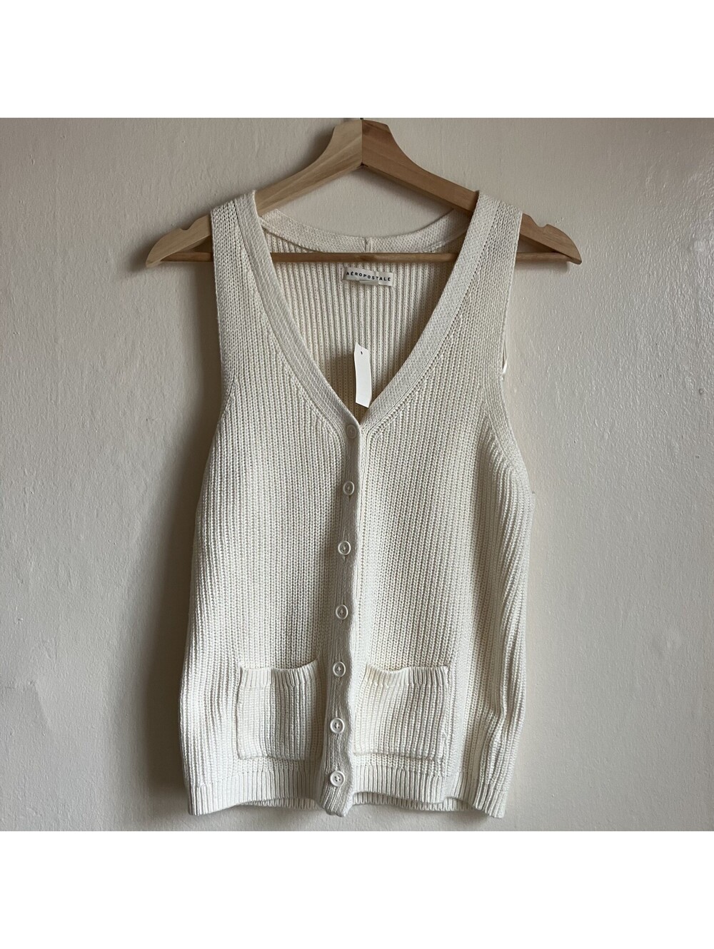 Boho Indie Aeropostale Knit Sweater Vest Ivory Buttons Cottage Grandma Sz M NWT